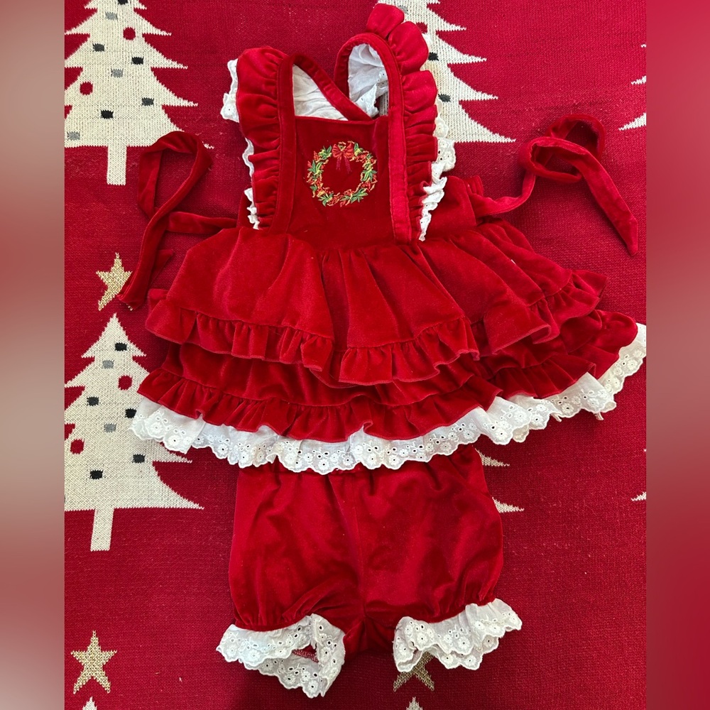 Bums & Roses Red Velvet tiered Ruffled Holiday Christmas Dress & Bloomers 2T